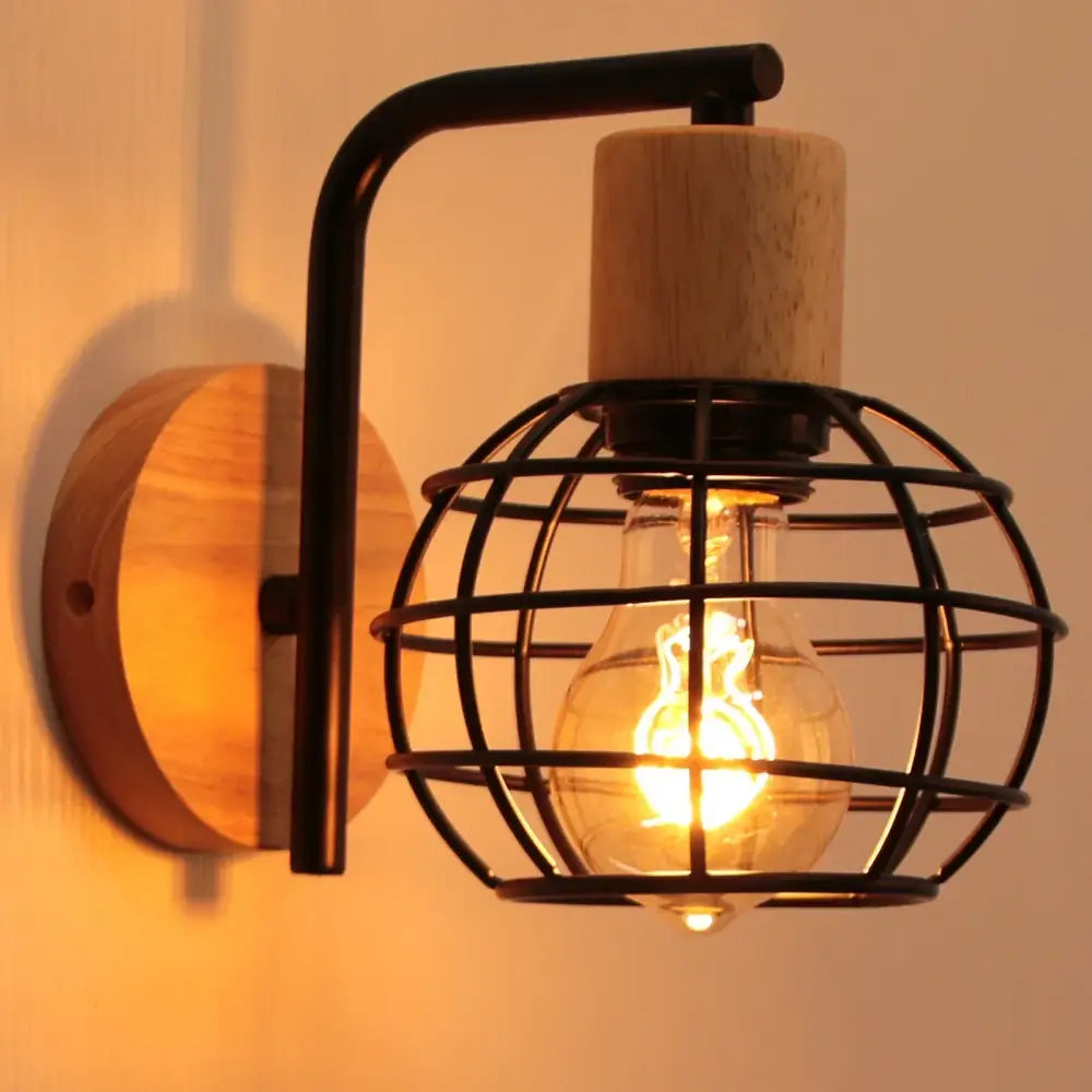 Industrial black iron wood wall lamp with black metal cage and wooden backplate for bedroom decorbites iron wood wall sconce