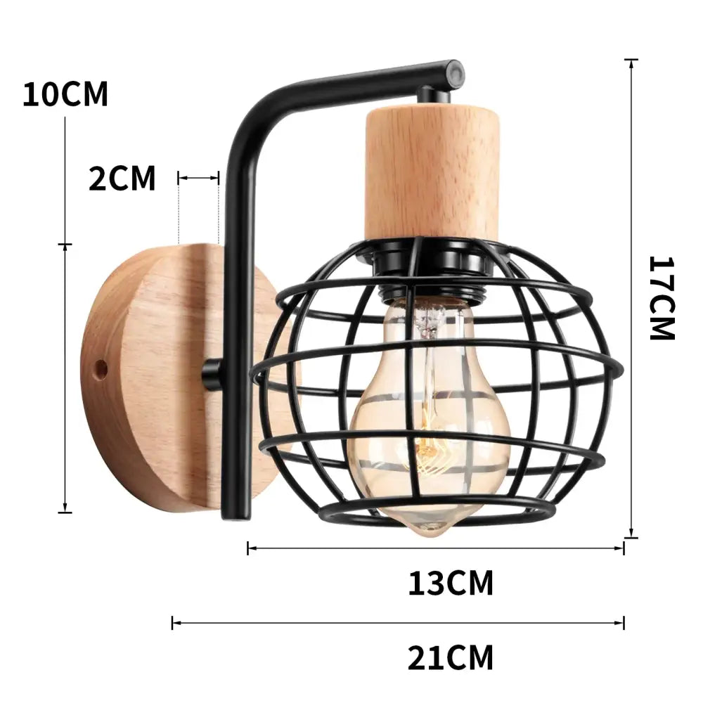 Industrial black iron wood wall lamp with a black metal cage and exposed filament bulb for bedroom decorbites iron wood wall