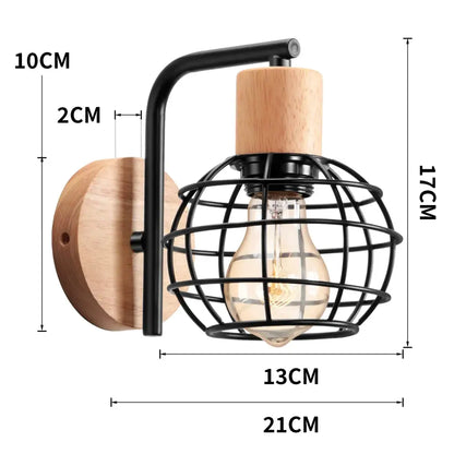 Industrial black iron wood wall lamp with a black metal cage and exposed filament bulb for bedroom decorbites iron wood wall