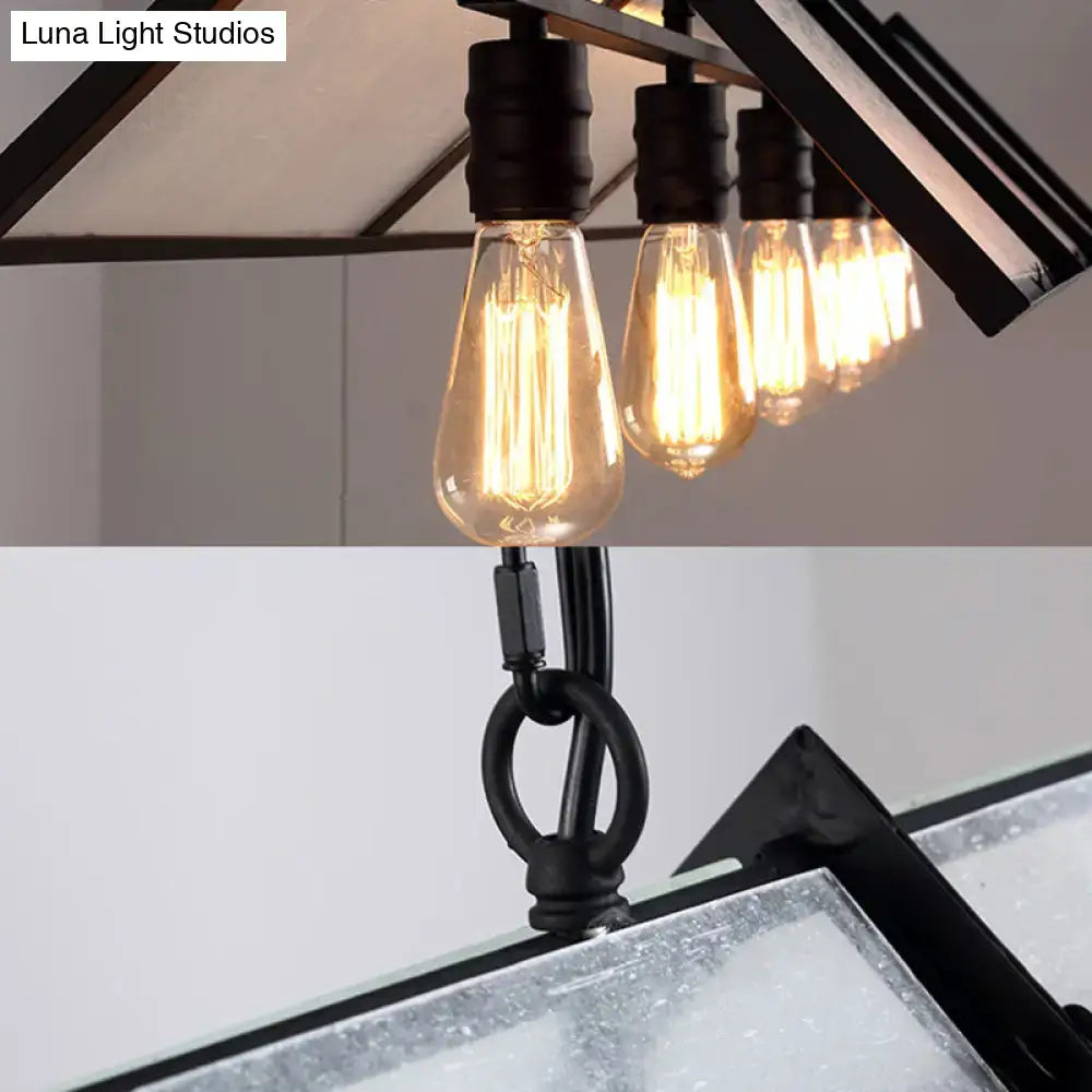 Black metal DecorBites™ classic island lamp with exposed bulbs and frosted glass panels ceiling hanging fixture