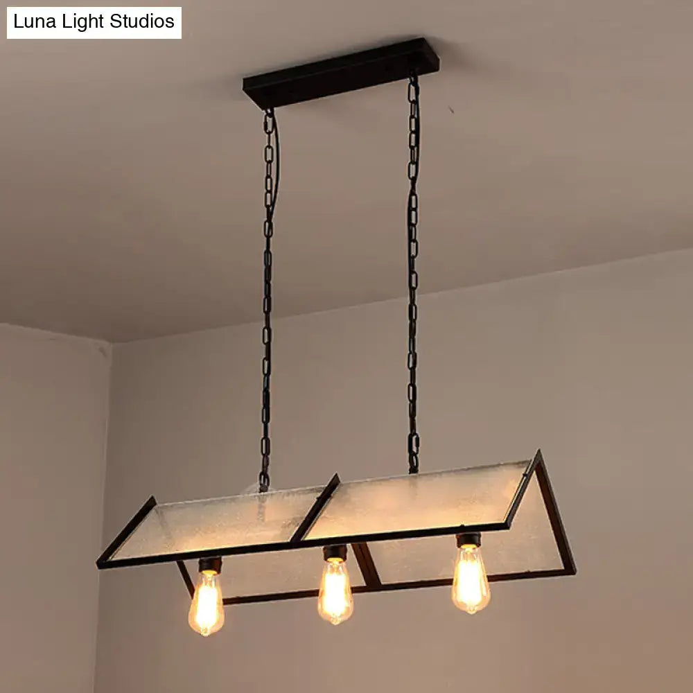 Decorbites classic black island lamp with three exposed bulbs and frosted glass panels in industrial metal design