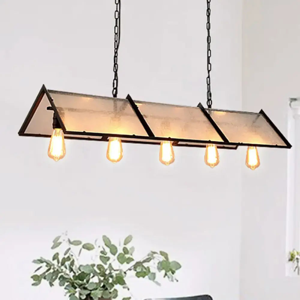 Decorbites classic black island lamp with black metal frame frosted glass panels and five exposed bulbs ceiling fixture