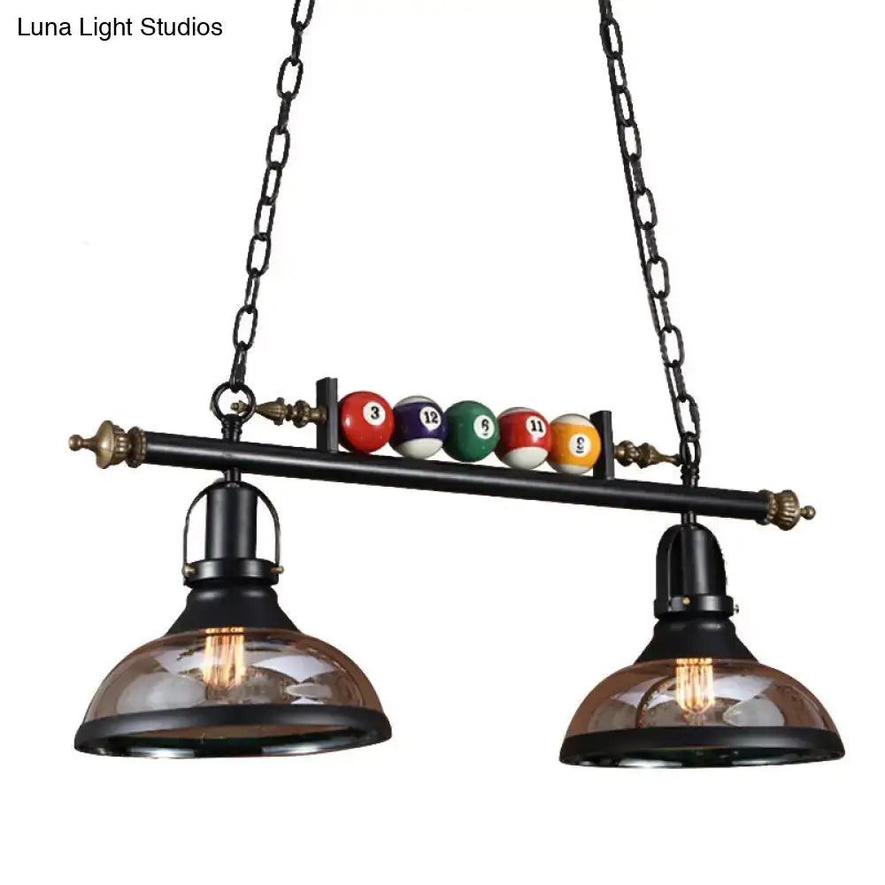 Decorbites rustic black island pendant light kit with black metal frame amber glass shades and colorful billiard balls