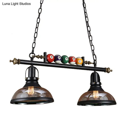 Decorbites rustic black island pendant light kit with black metal frame amber glass shades and colorful billiard balls