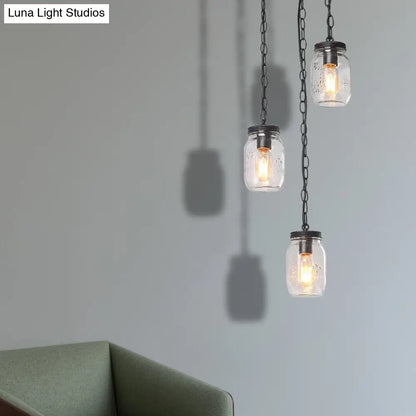 Industrial Black Jar Pendant Light Fixture with Clear Glass Shades - 3-Light Dining Room Hanging Lamp