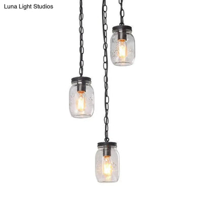 Industrial Black Jar Pendant Light Fixture with Clear Glass Shades - 3-Light Dining Room Hanging Lamp