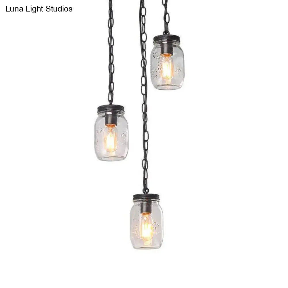 Industrial Black Jar Pendant Light Fixture with Clear Glass Shades - 3-Light Dining Room Hanging Lamp