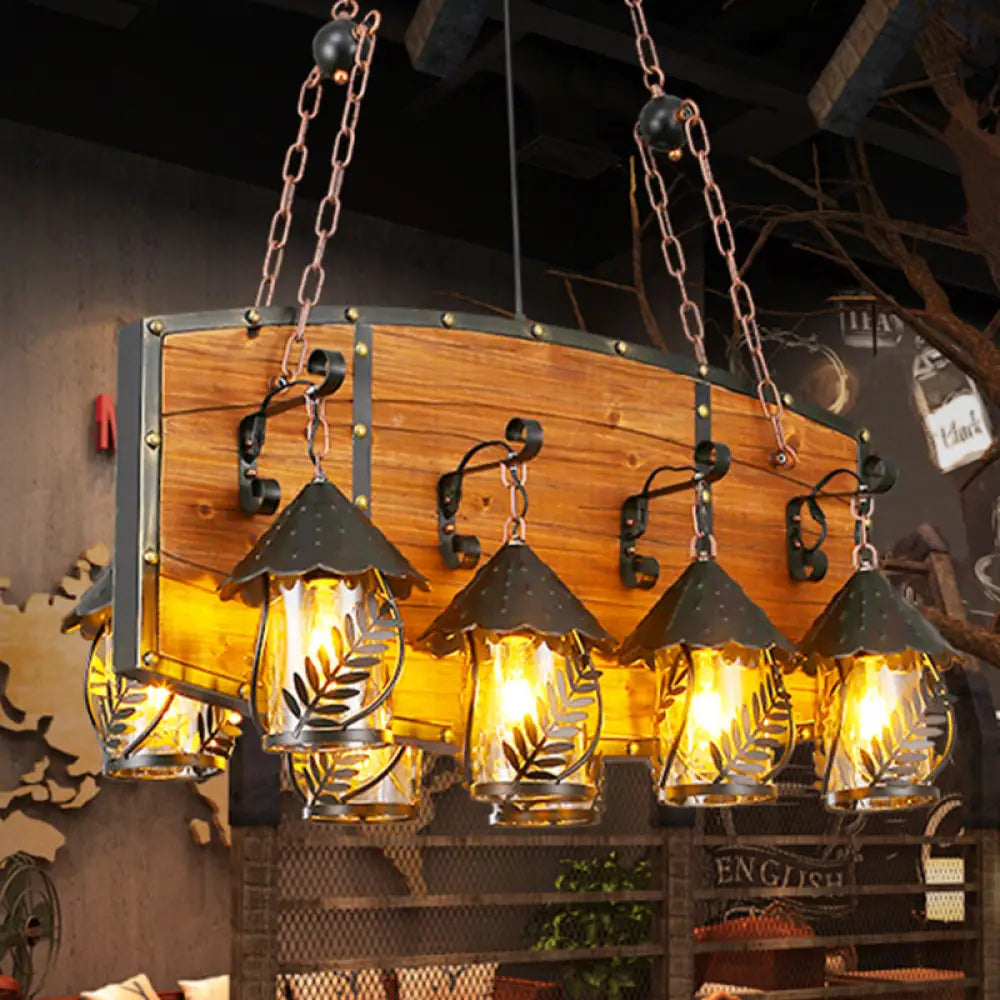 مصباح معلق صناعي أسود من DecorBites™ على شكل جزيرة مع 8 مصابيح، وذراع معدني، وقماش أبيض/زجاج شفاف - لسقف المطعم