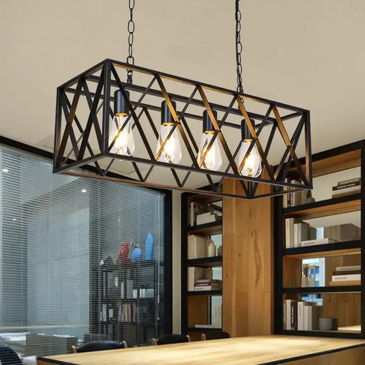 Industrial chandelier decorbites black metal rectangular pendant light with geometric lattice and four exposed bulbs