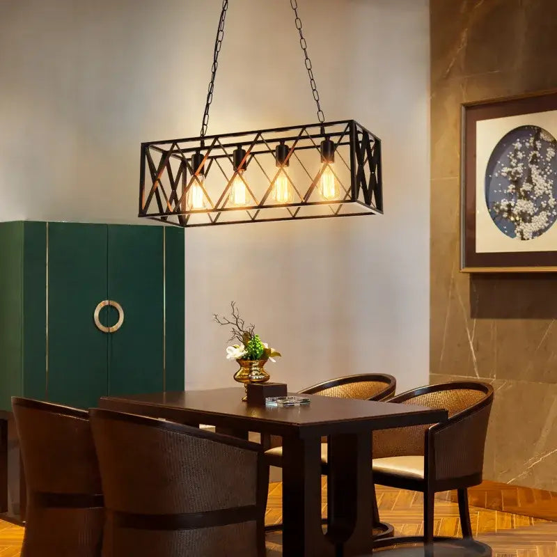 Industrial black metal lattice chandelier with exposed filament bulbs decorbites industrial chandelier for dining room