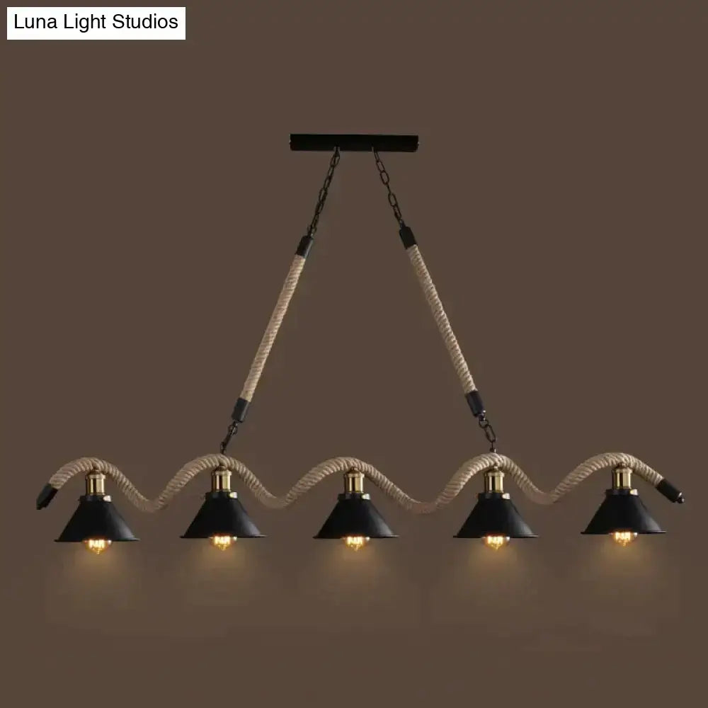 Industrial-style led chandelier with four black conical shades suspended by twisted hemp rope for cafes and bars