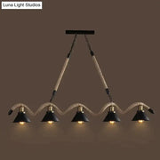 Industrial-style led chandelier with four black conical shades suspended by twisted hemp rope for cafes and bars