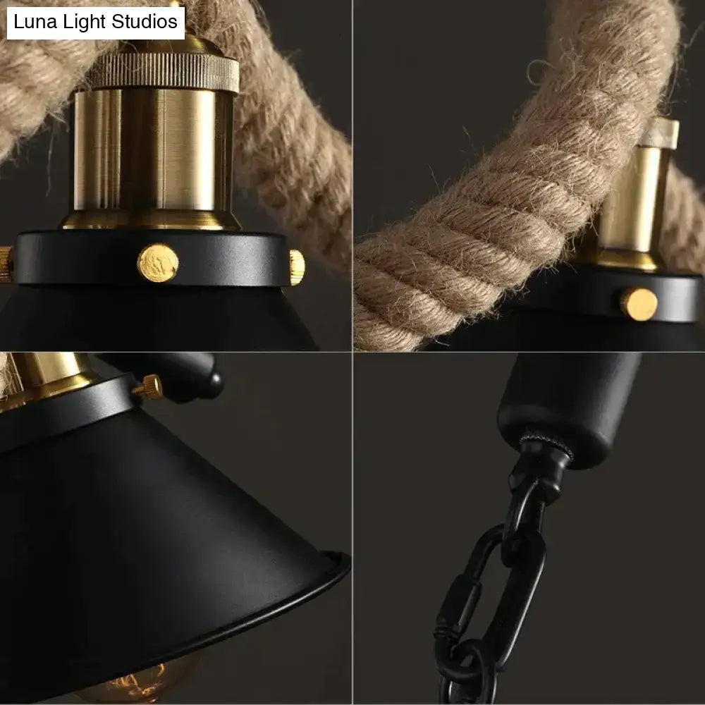 Decorbites™ simple retro led chandelier with black matte shade, brass accents, and hemp rope for modern cafe lighting