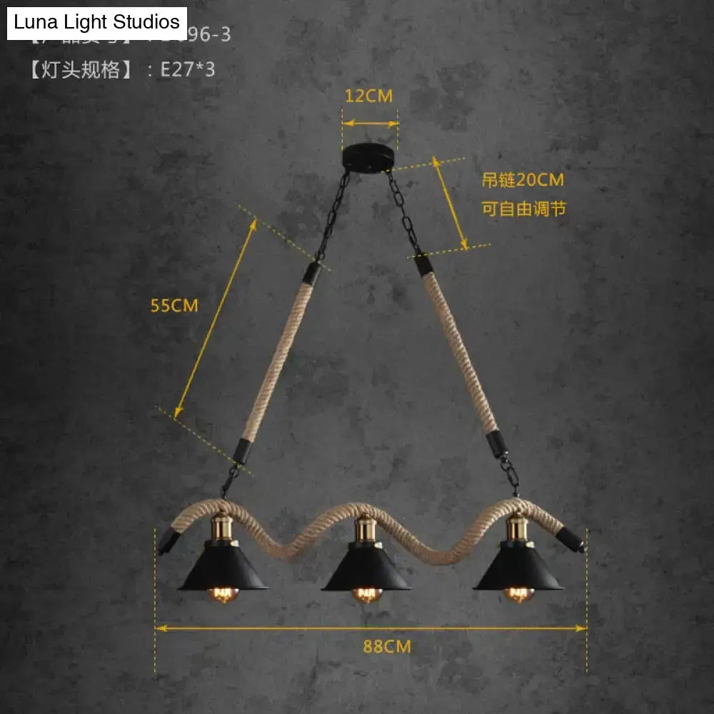 Industrial-style black metal led chandelier with three gold-toned lamps hanging by beige hemp ropes for modern cafes