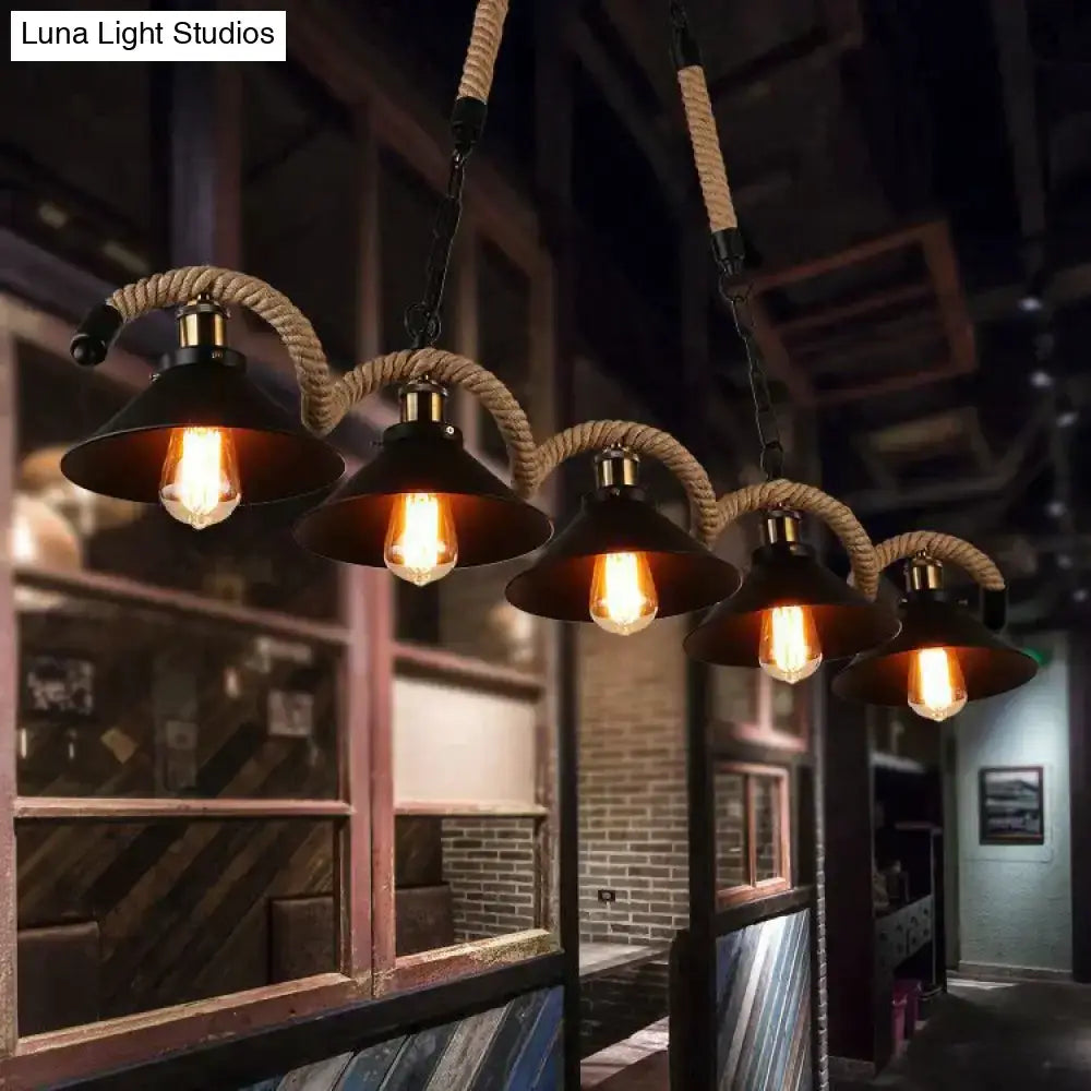 Decorbites™ simple retro led chandelier with black metal pendant lights and hemp rope suspension cords for cafes