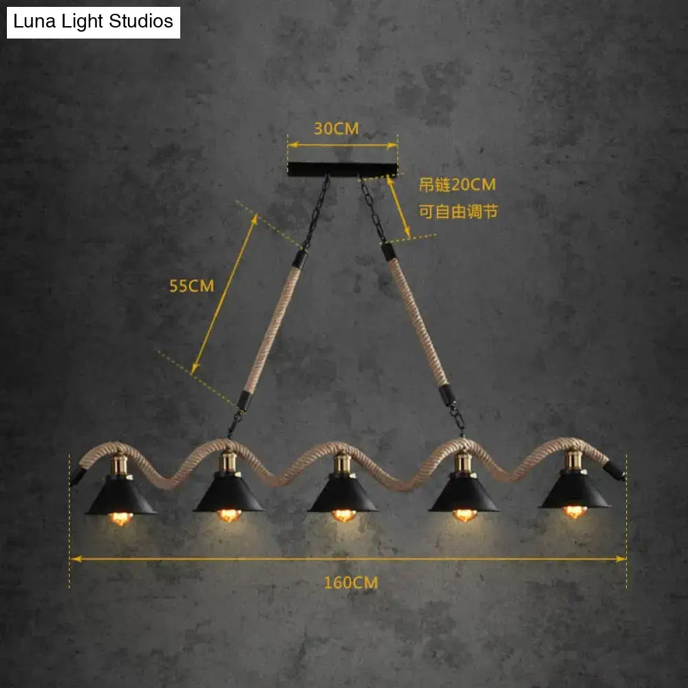 Decorbites™ simple retro led chandelier with black metal conical shades and nordic hemp rope suspension for cafes