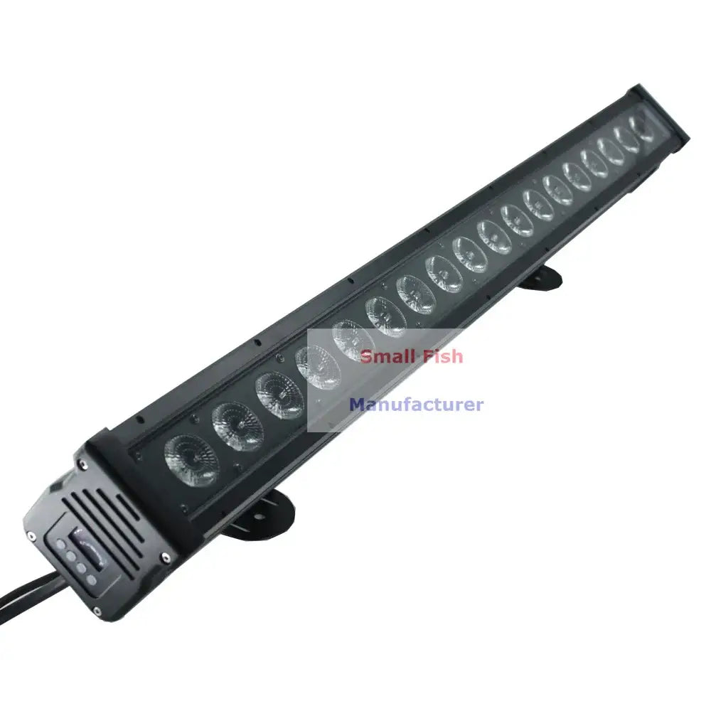 Industrial black led wall wash light bar with multiple circular bulbs in a rugged rectangular housing for stage use