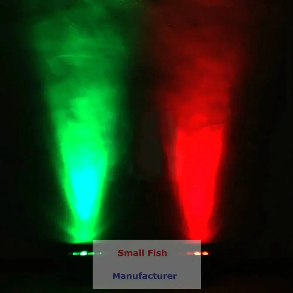 Two illuminated cones of green and red light from an industrial black led wall wash light for party and stage use