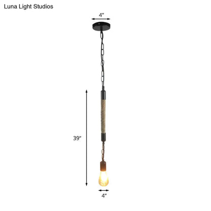 Industrial Black Light Fixture: 1-Light Bare Bulb Pendant with Hemp Rope - Perfect for Restaurants