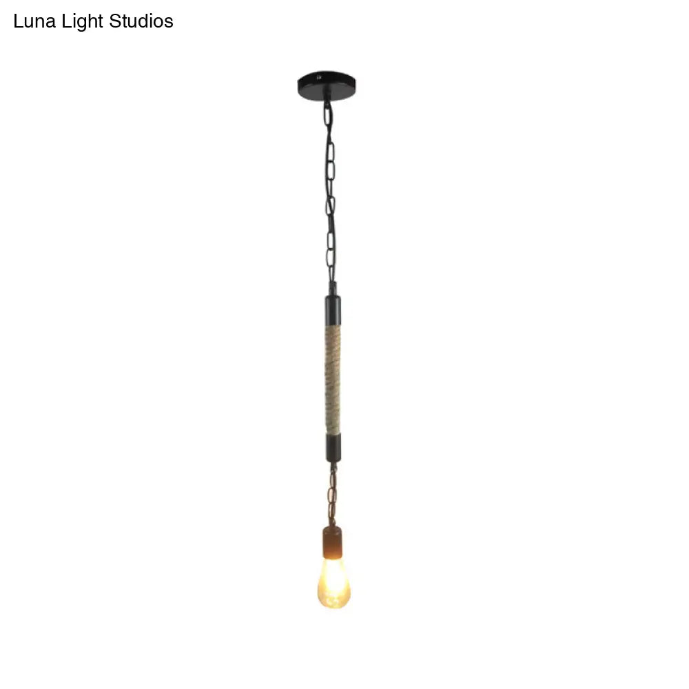 Industrial Black Light Fixture: 1-Light Bare Bulb Pendant with Hemp Rope - Perfect for Restaurants