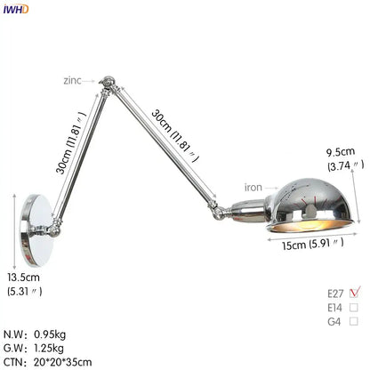 Chrome-finished adjustable wall light with articulated arms and reflective dome shade for decorbites loft antique edison style
