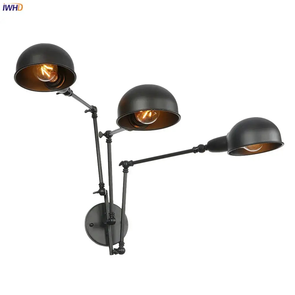 Industrial black loft antique edison wall light with black matte finish and three adjustable dome shades for bedroom decorbites loft antique
