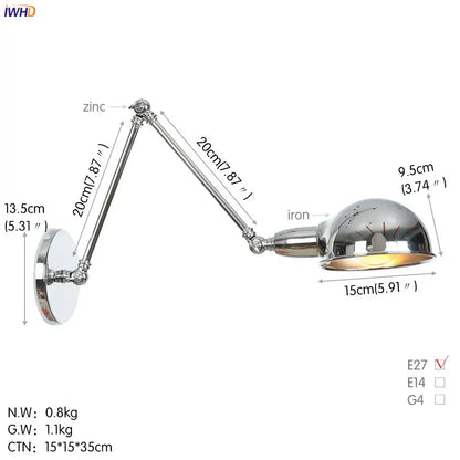 Chrome-finished adjustable wall light with articulated arms and dome shade for decorbites loft antique edison style