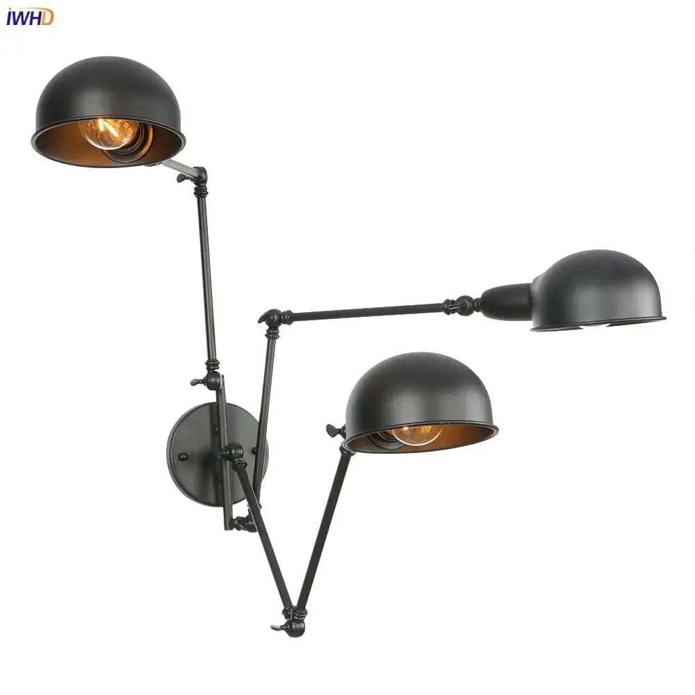 Black industrial wall light with three adjustable arms and dome shades loft antique edison decorbites loft antique style