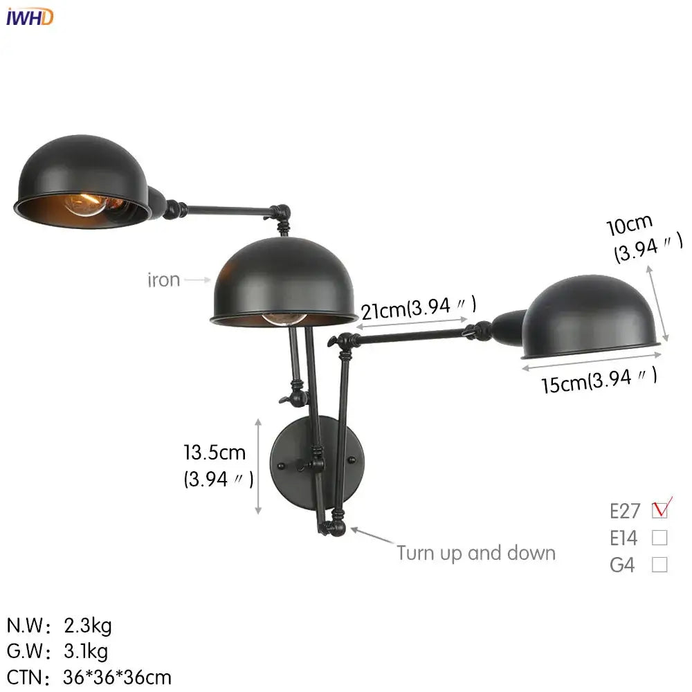 Black iron industrial wall light with three adjustable dome shades decorbites loft antique edison style for bedroom