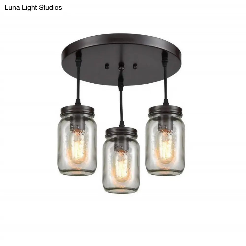 Industrial Black Mason Jar Cluster Pendant Light w/ Clear Etched Glass - 3 Lights, Perfect for Living Room Ceiling Lighting