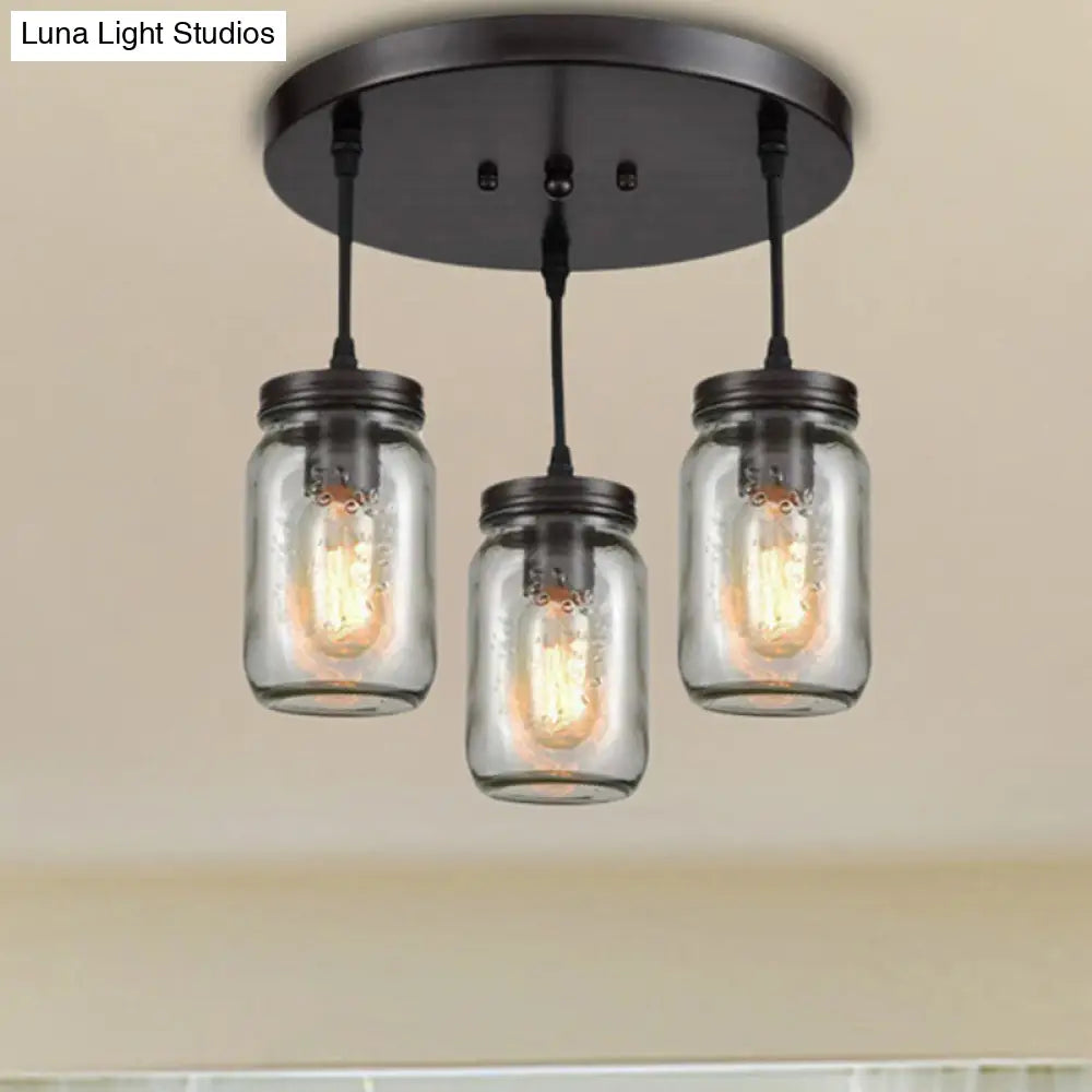 Industrial Black Mason Jar Cluster Pendant Light w/ Clear Etched Glass - 3 Lights, Perfect for Living Room Ceiling Lighting