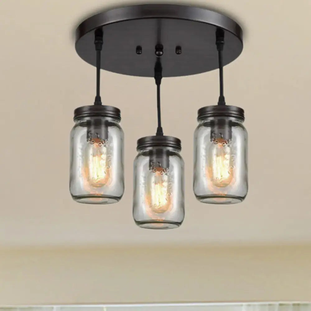 Industrial Black Mason Jar Cluster Pendant Light w/ Clear Etched Glass - 3 Lights, Perfect for Living Room Ceiling Lighting