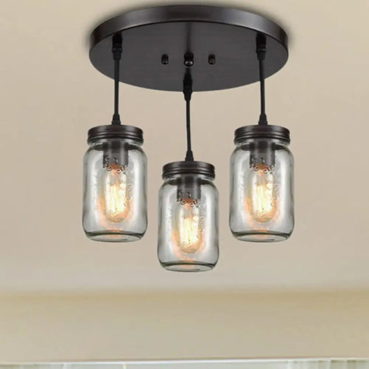 Industrial Black Mason Jar Cluster Pendant Light w/ Clear Etched Glass - 3 Lights, Perfect for Living Room Ceiling Lighting