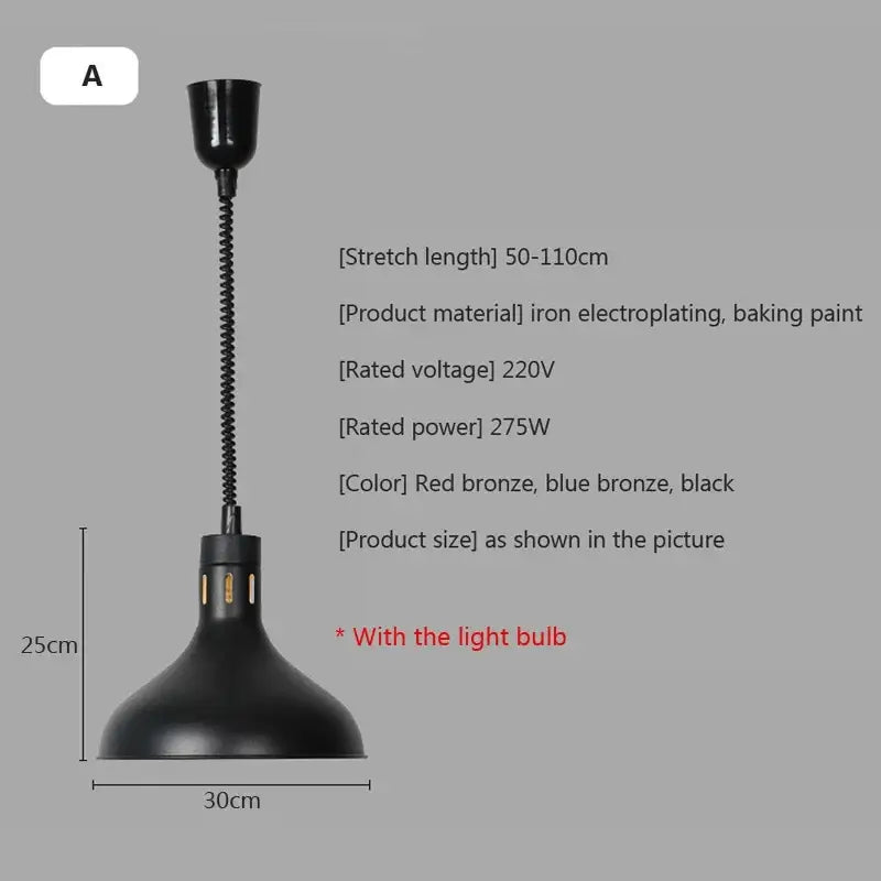 Black iron electroplated industrial pendant light with flexible neck for electric food heating in kitchen settings