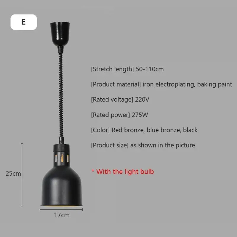 Black industrial-style matte pendant light with flexible coiled metal arm and bell-shaped shade for electric food heating