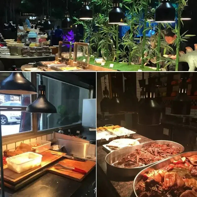Industrial black matte dome-shaped electric food heating pendant lights hanging above food displays