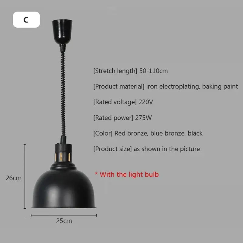 Industrial black matte iron electroplated food heating pendant light with flexible spiral neck and dome-shaped shade