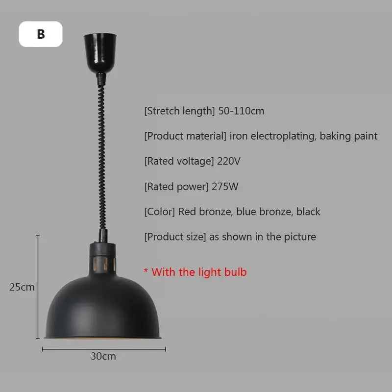 Industrial black matte electric food heating pendant light with black iron electroplated flexible coiled neck shade