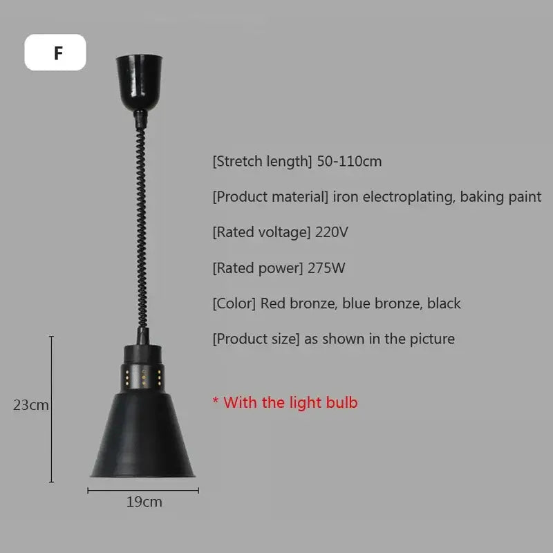 Industrial black matte electric food heating pendant light with flexible coiled metal stem and conical shade