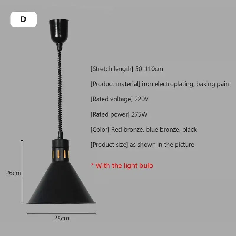 Industrial black matte electric food heating pendant light with black conical shade and flexible coiled metal stem