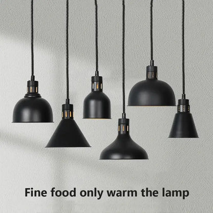 Industrial black matte pendant light with textured cords designed for electric food heating in kitchens