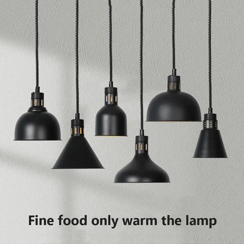 Industrial black matte pendant light with textured cords designed for electric food heating in kitchens