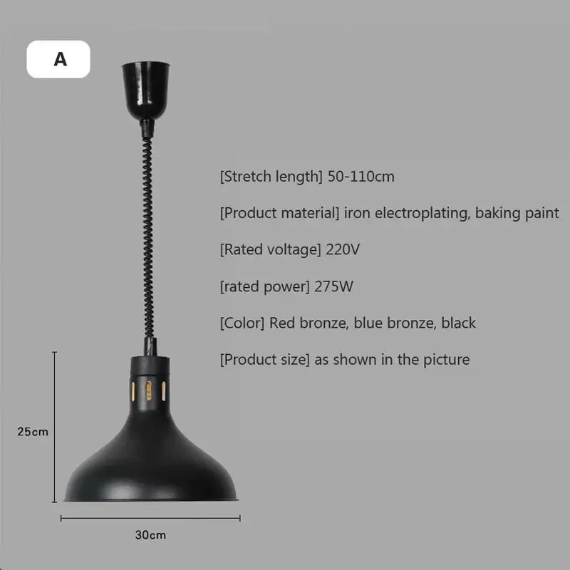 Black electroplated iron industrial pendant light with flexible coiled neck for electric food heating applications