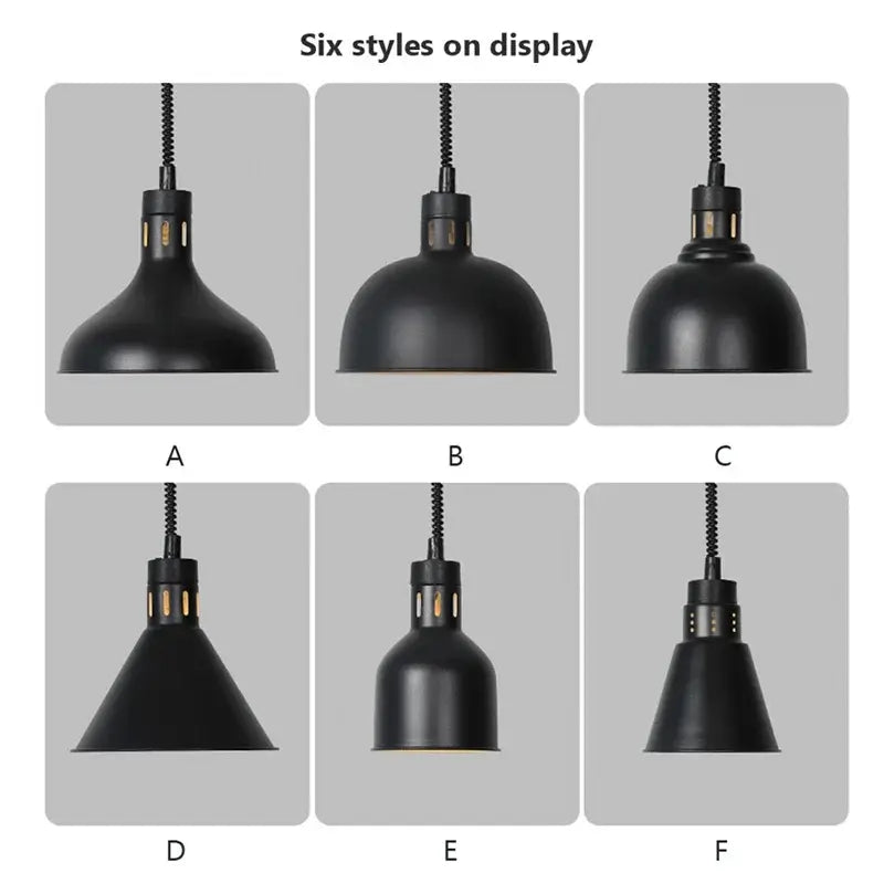 Industrial black matte electric food heating pendant light with flexible cords and metallic accents for kitchen use