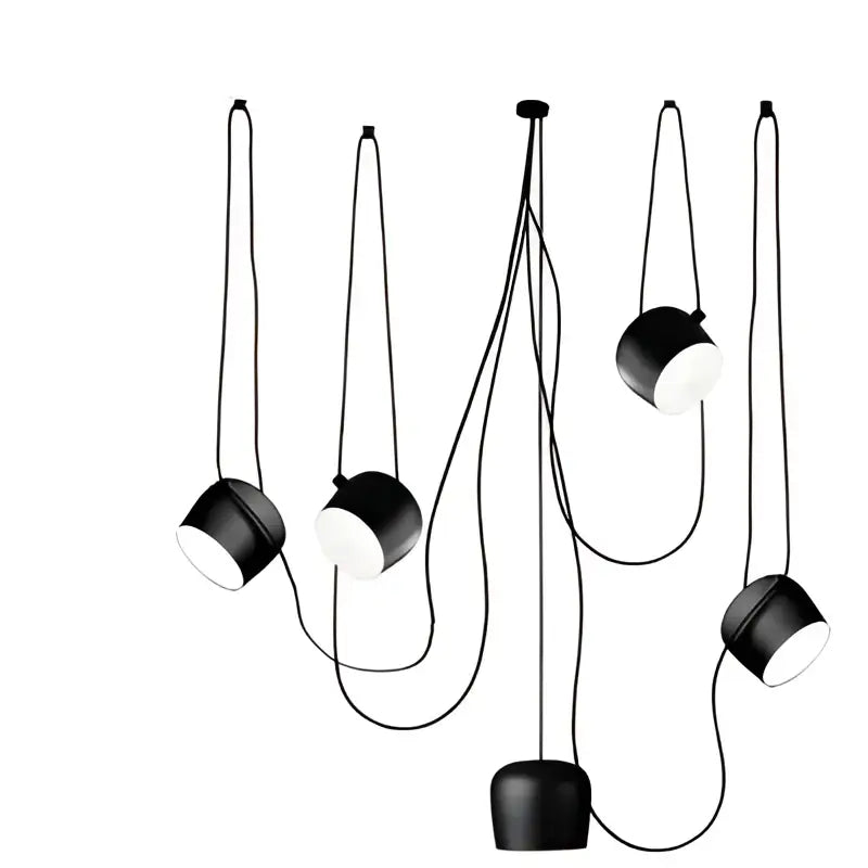 Industrial black matte spider pendant lamp with black cylindrical shades and white interiors for dining room decorbites industrial spider