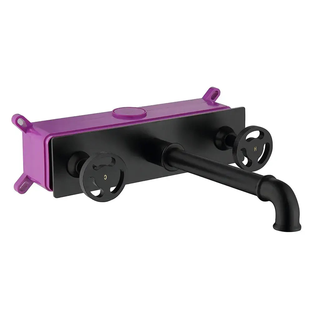 Industrial black matte wall mounted basin faucet with purple and black vintage pipe handles for bathroom decorbites black wall