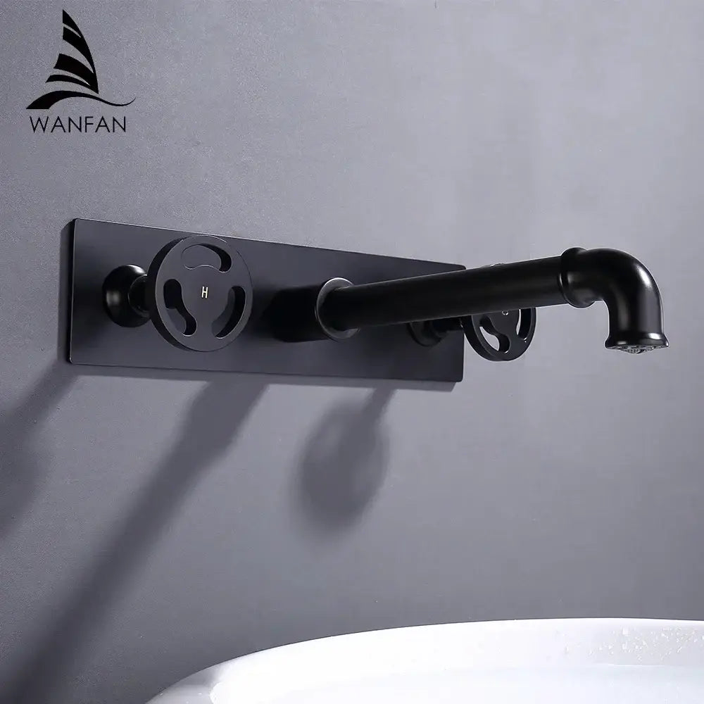 Industrial black matte wall mounted basin faucet with pipe design and circular handles from decorbites black wall collection