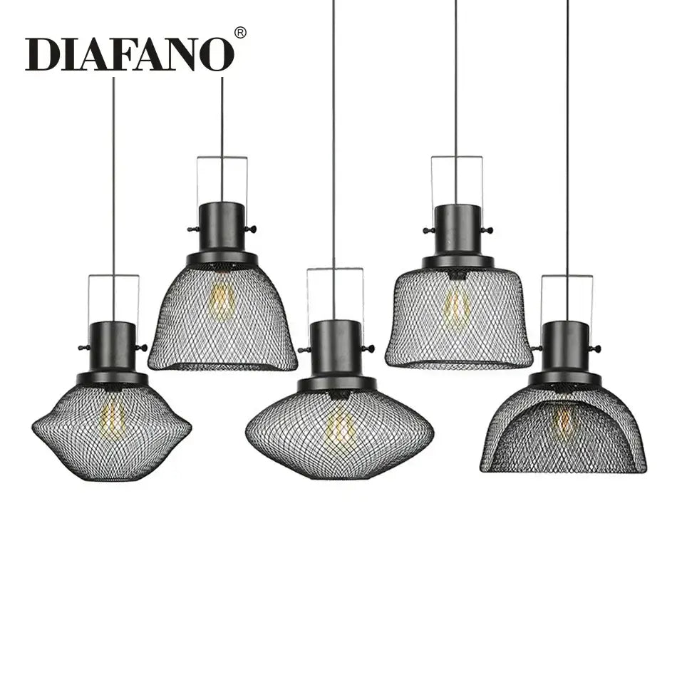 Set of five industrial black metal mesh cage pendant lights with exposed filament bulbs for dining room decorbites pendant light