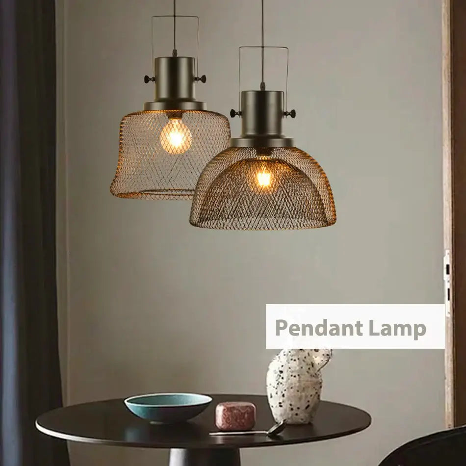 Industrial black mesh cage pendant light with dark metal frame and warm bulb for dining room decorbites cage pendant
