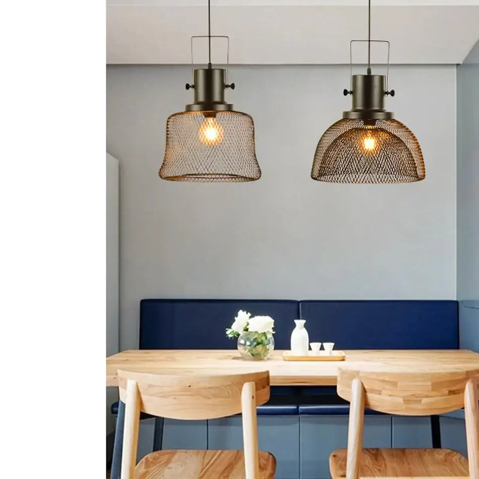 Industrial black mesh cage pendant light with dark metal frame and woven wire shade for dining room decorbites cage pendant